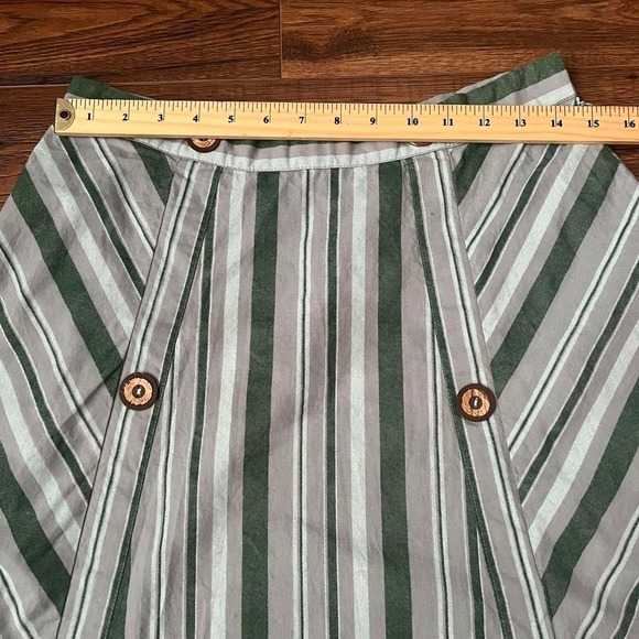 Green Striped 100% Cotton Midi Skirt Wood Buttons Women Large Boho Fairy Cottage - Picture 5 of 8